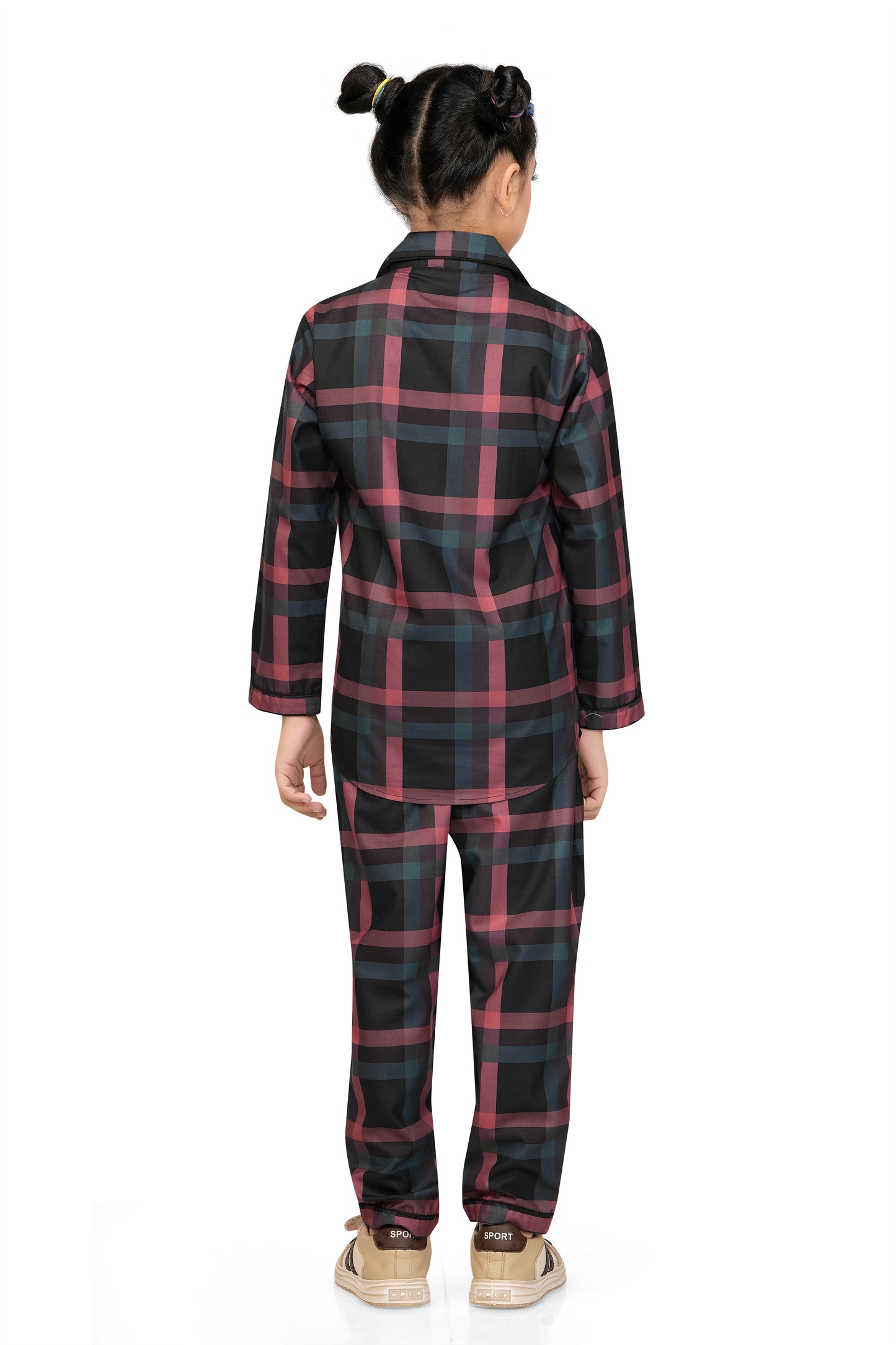 Girls Black & Red Checks Cotton Night Suit Set -G 435