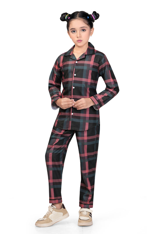 Girls Black & Red Checks Cotton Night Suit Set -G 435