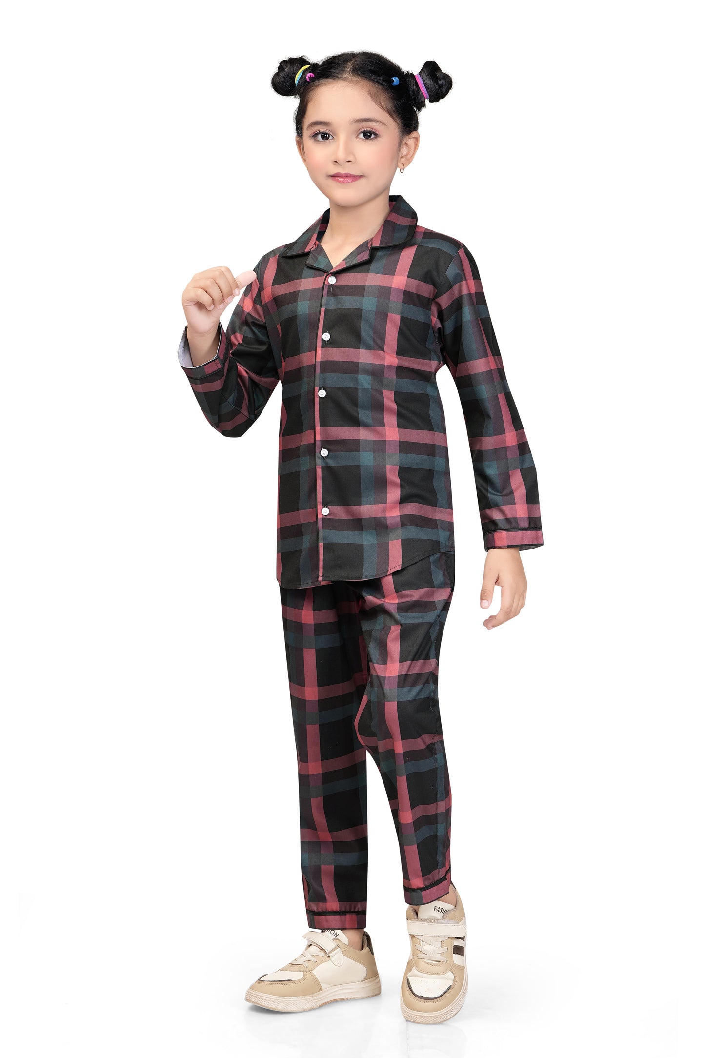 Girls Black & Red Checks Cotton Night Suit Set -G 435