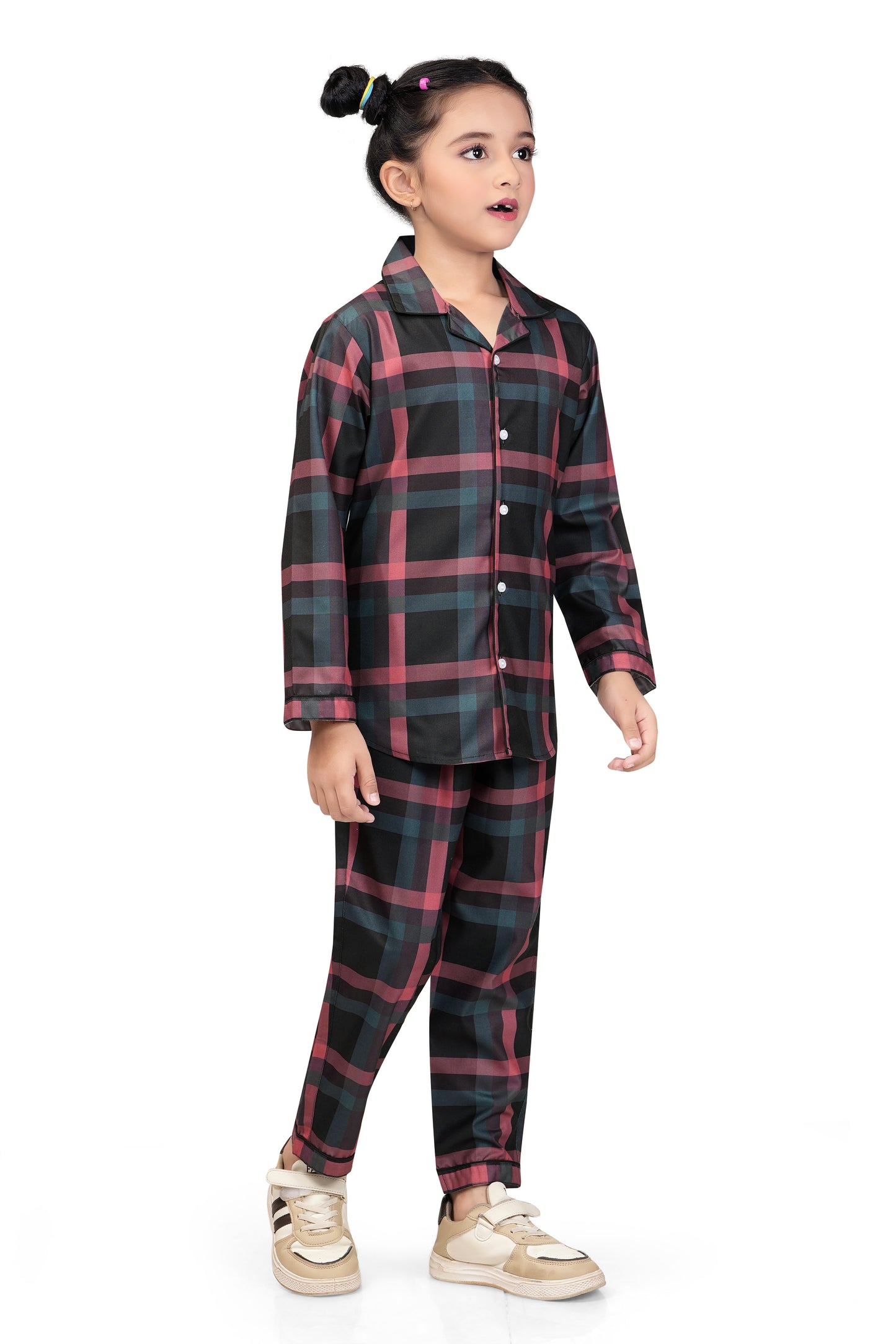 Girls Black & Red Checks Cotton Night Suit Set -G 435