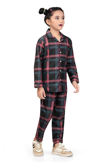 Girls Black & Red Checks Cotton Night Suit Set -G 435