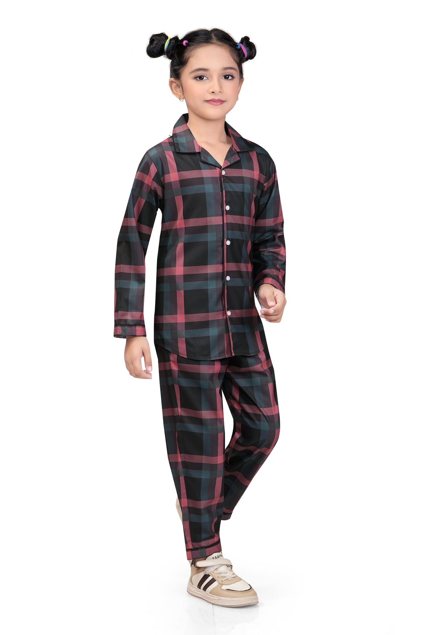 Girls Black & Red Checks Cotton Night Suit Set -G 435