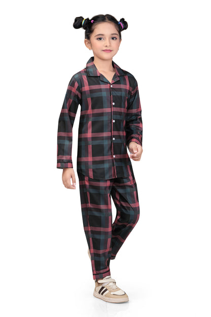 Girls Black & Red Checks Cotton Night Suit Set -G 435
