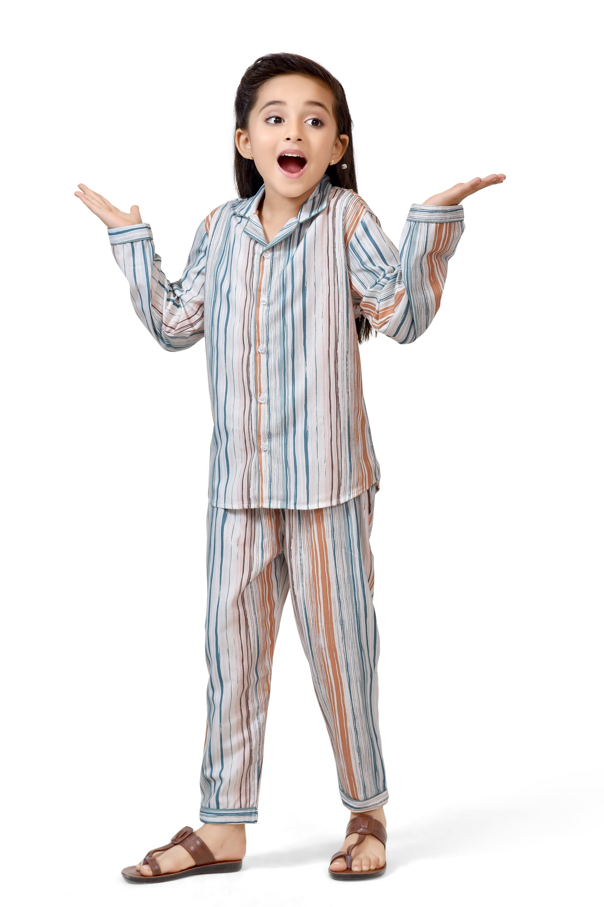 Buy Earth Tone Striped Cotton Girls Night Suit Set Online - Club96