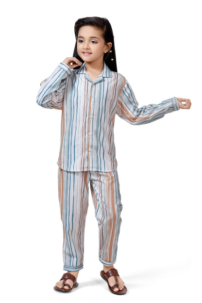 Earth Tone Striped Cotton Girls Night Suit Set - Long Sleeves