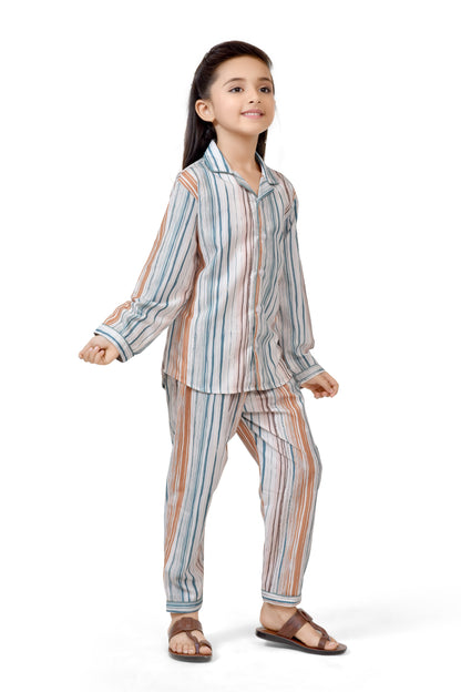 Earth Tone Striped Cotton Girls Pyjama Suit Set