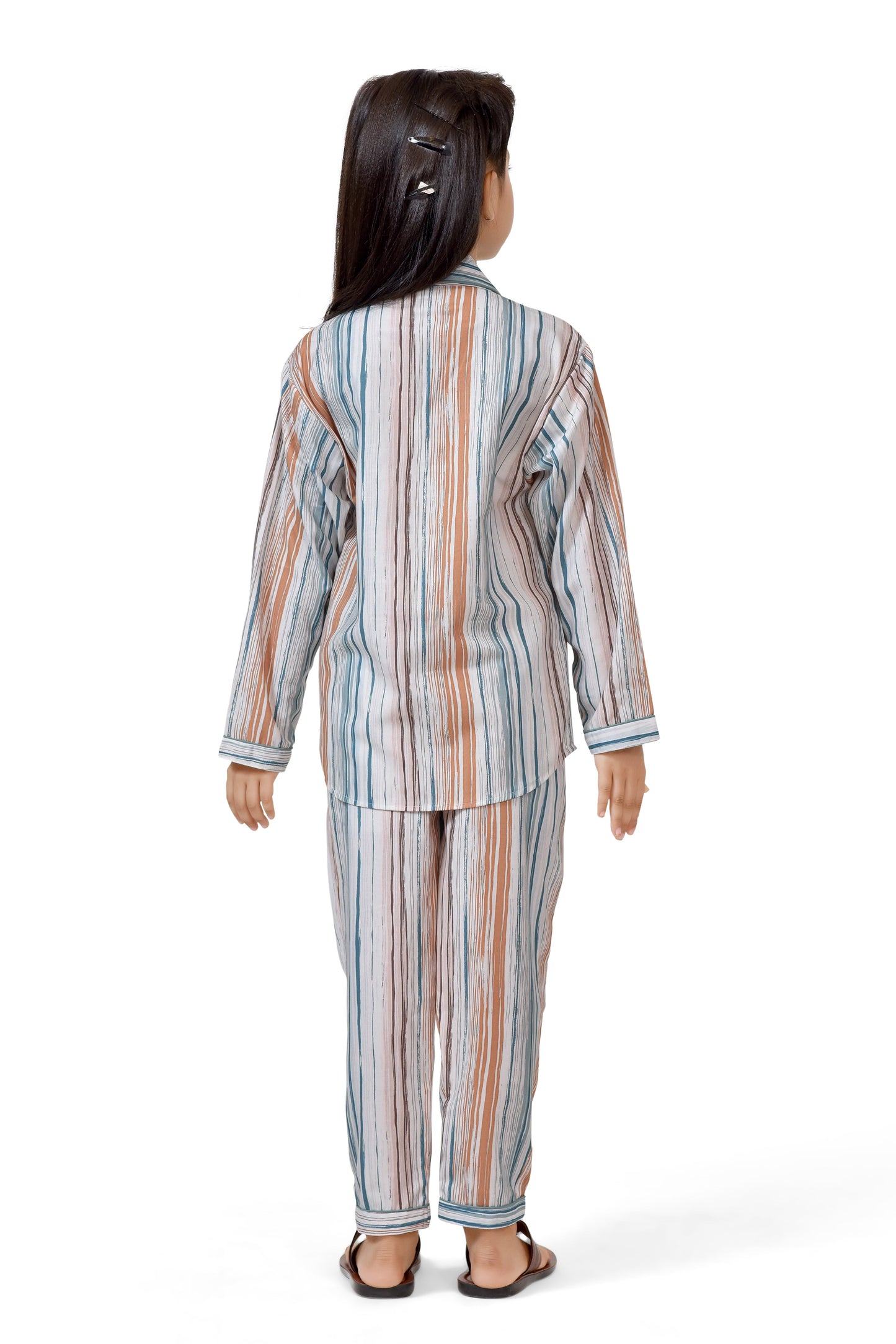 Earth Tone Striped Cotton Girls Night Suit Set - Back Side