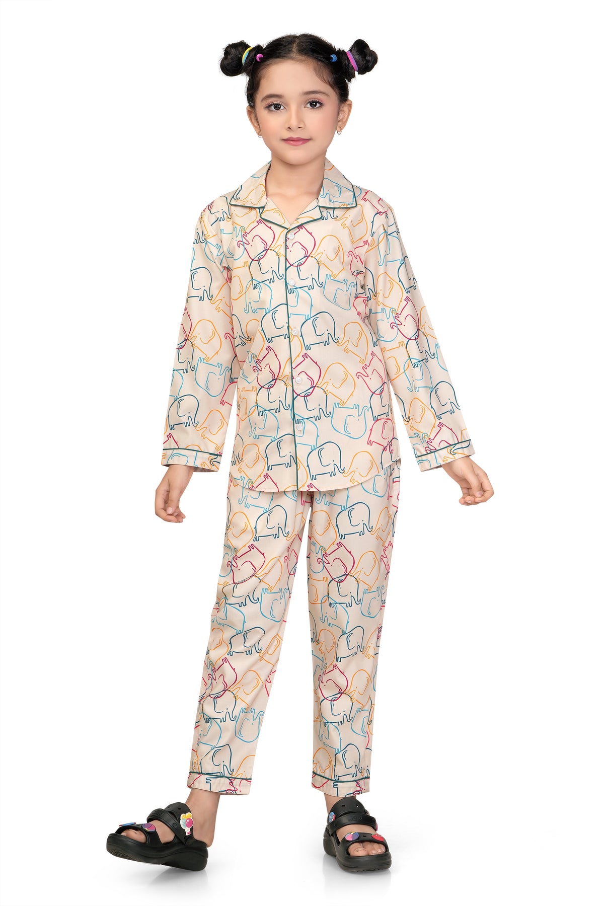 Cream Multicolour Elephant Print Girls Cotton Night Suit - Side View | CLUB96