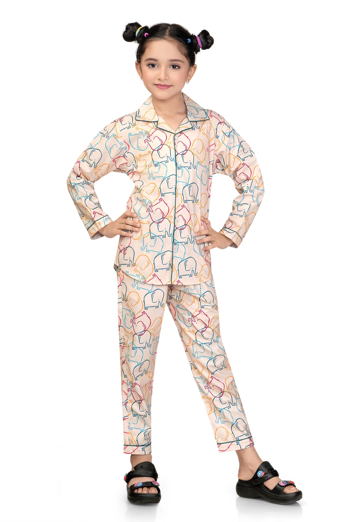 Cream Multicolour Elephant Print Girls Cotton Night Suit - Side View 2 | CLUB96