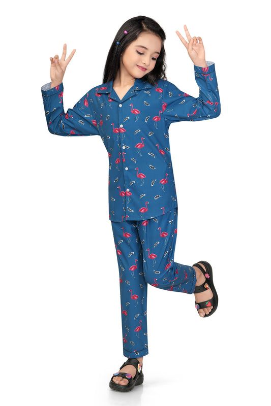 Flamingo-Print-Cotton-Girl-Night-suit-set-Frontview