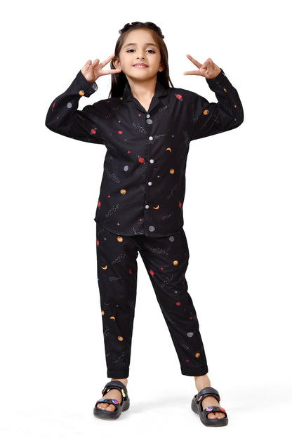 Buy Girls Black Galaxy Print Cotton Pajama Suit Online - Club96