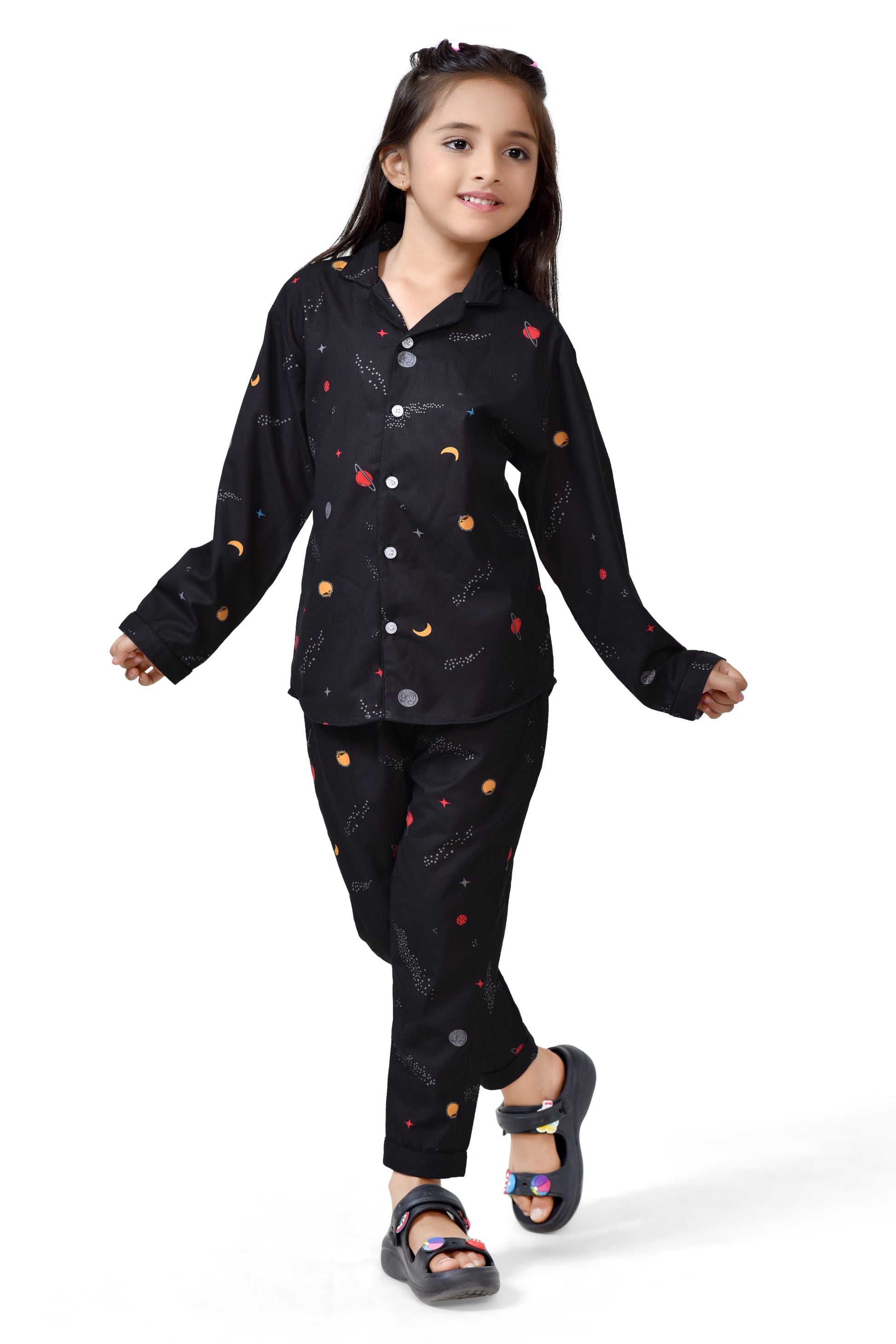 Girls Black Galaxy Print Cotton Pajama Suit - Long Sleeves