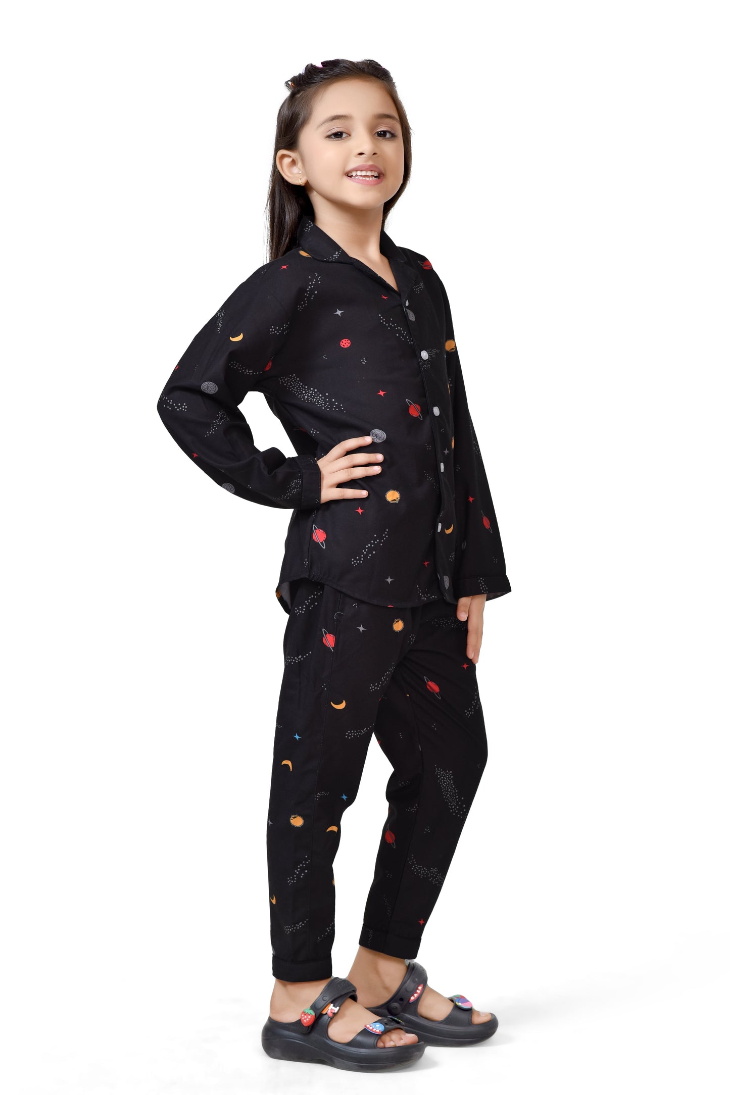 Girls Black Galaxy Print Cotton Pajama Suit - Side View