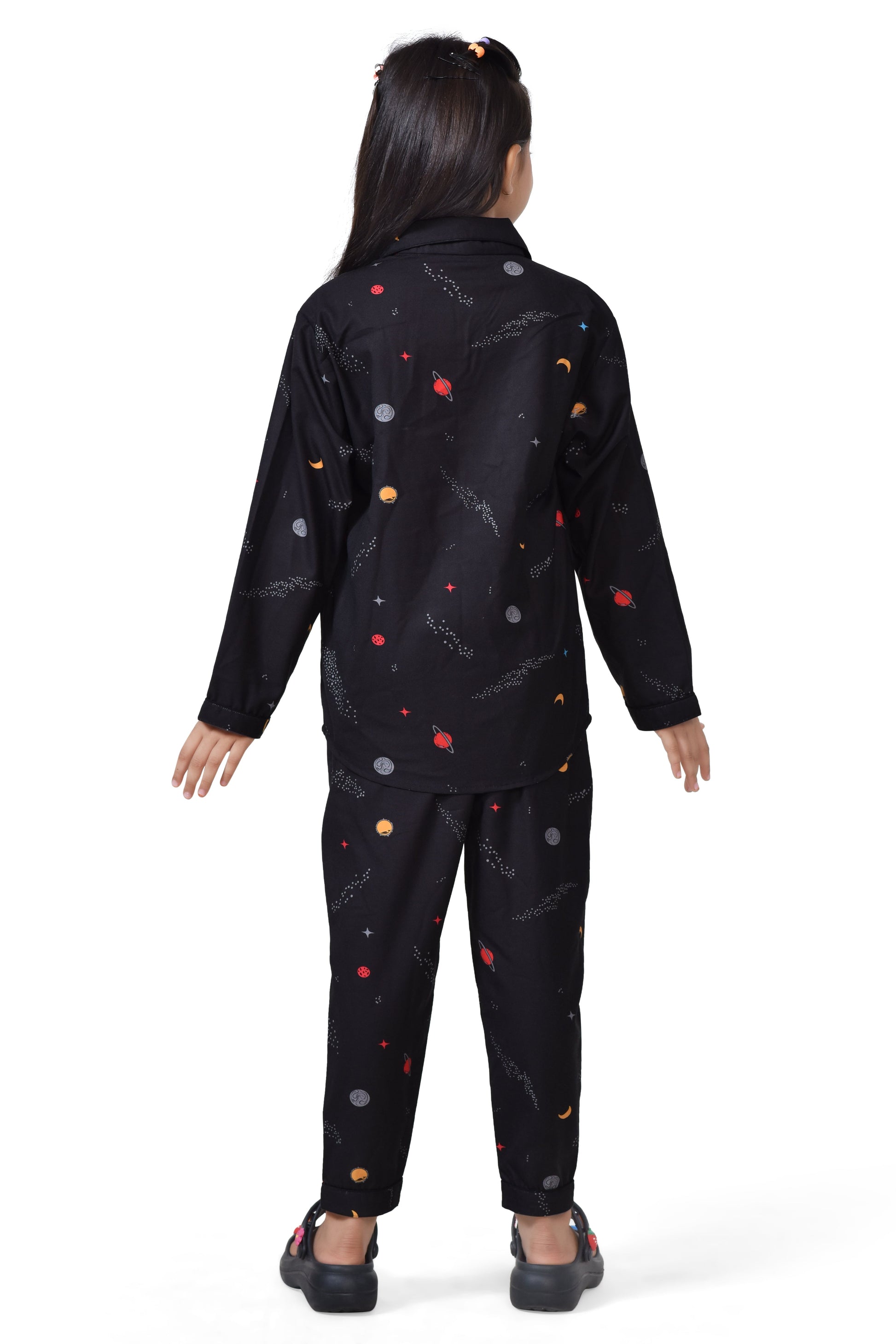 Girls Black Galaxy Print Cotton Pajama Suit - Back Side