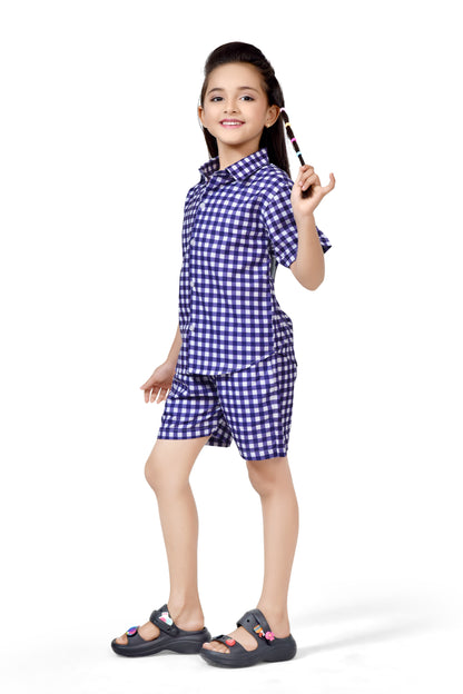 Girls Purple and White Small Checks Printed Cotton Co-Ord Set - Side View