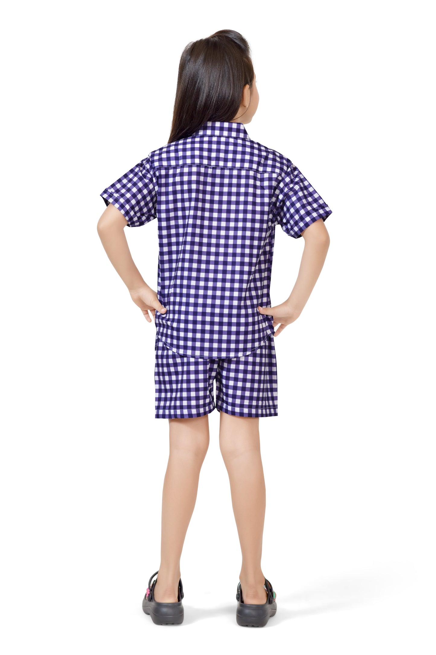 Girls Purple and White Small Checks Printed Cotton Co-Ord Set - Back Side