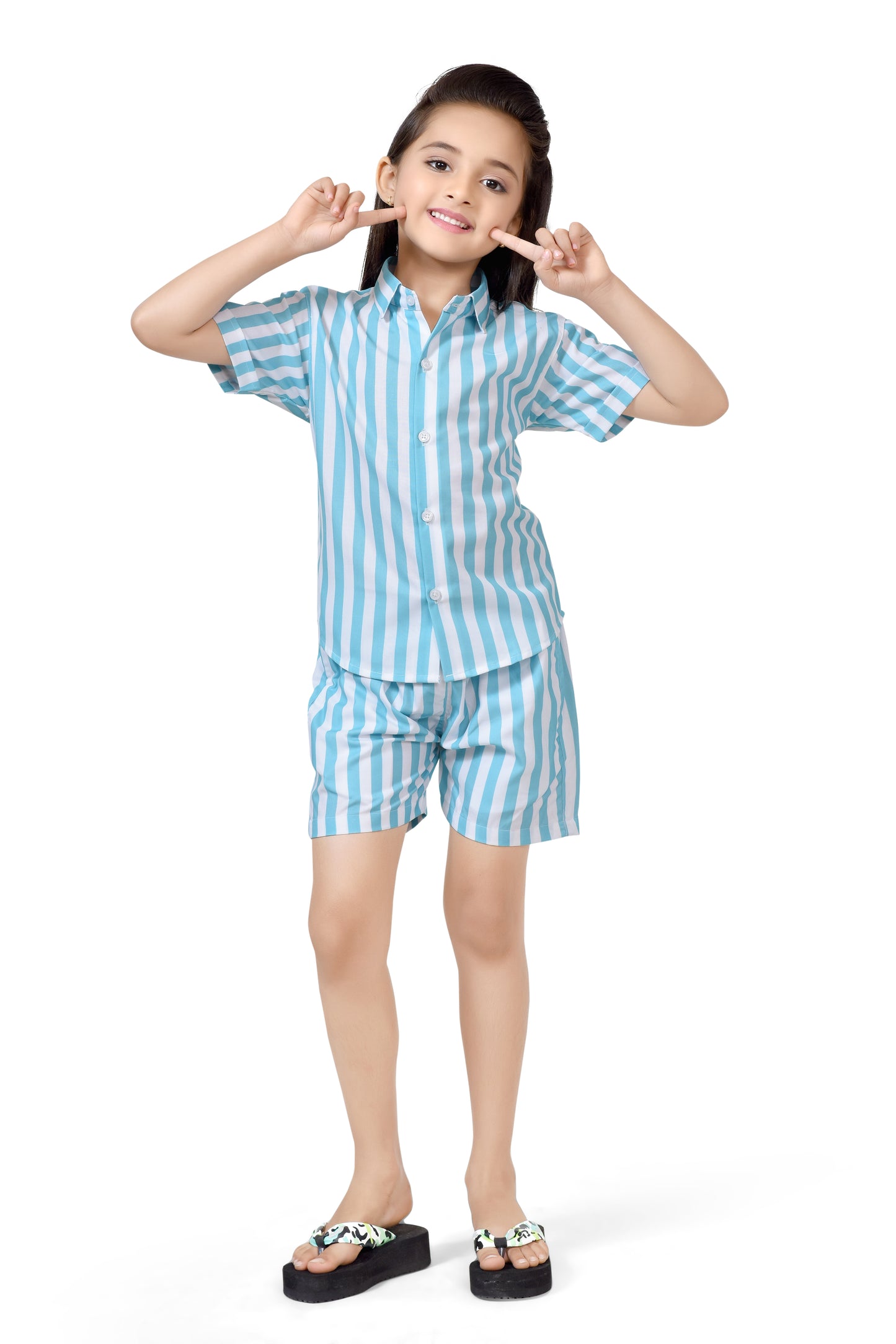 Buy Girls Sky Blue and White Striped Cotton Co-Ord Set Online - Club96.in