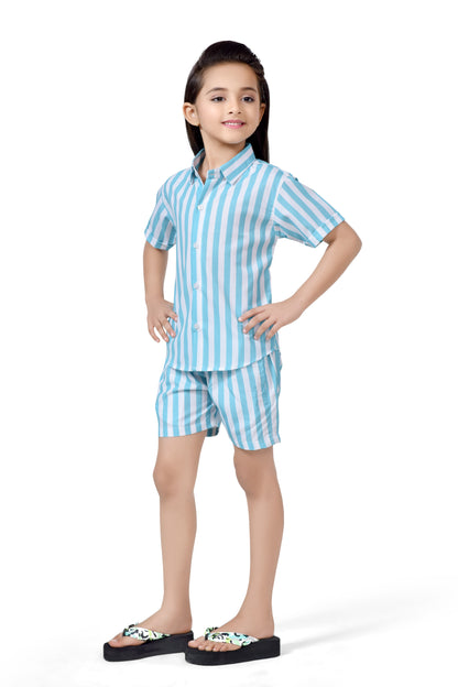 Sky Blue and White Girls Striped Printed Cotton Co-Ord Set - Side View