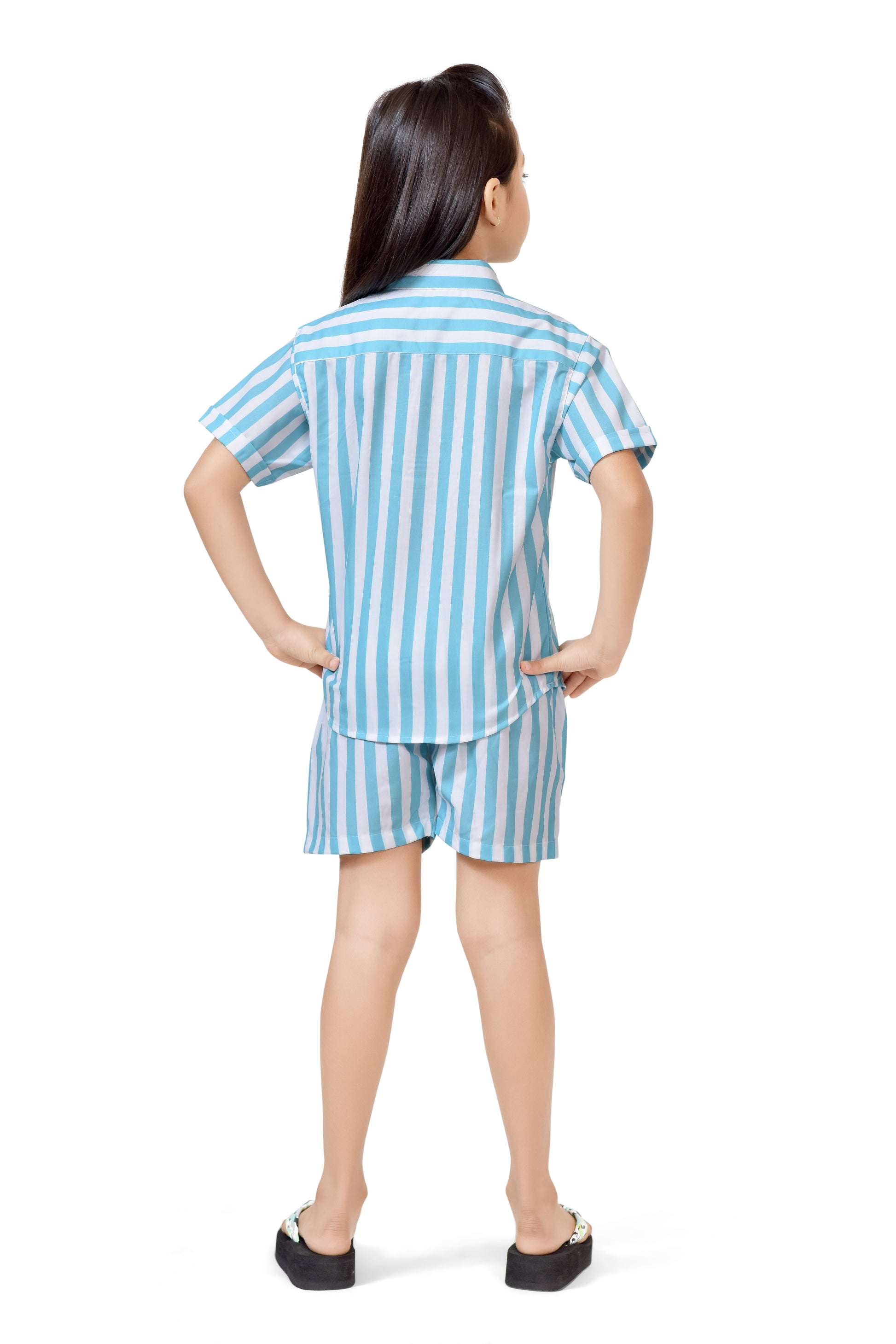 Sky Blue and White Girls Striped Printed Cotton Co-Ord Set - Back Side