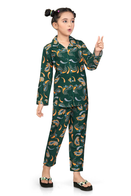 Green-Paisley-Printed-Girl-Nightsuit-Set-Frontview