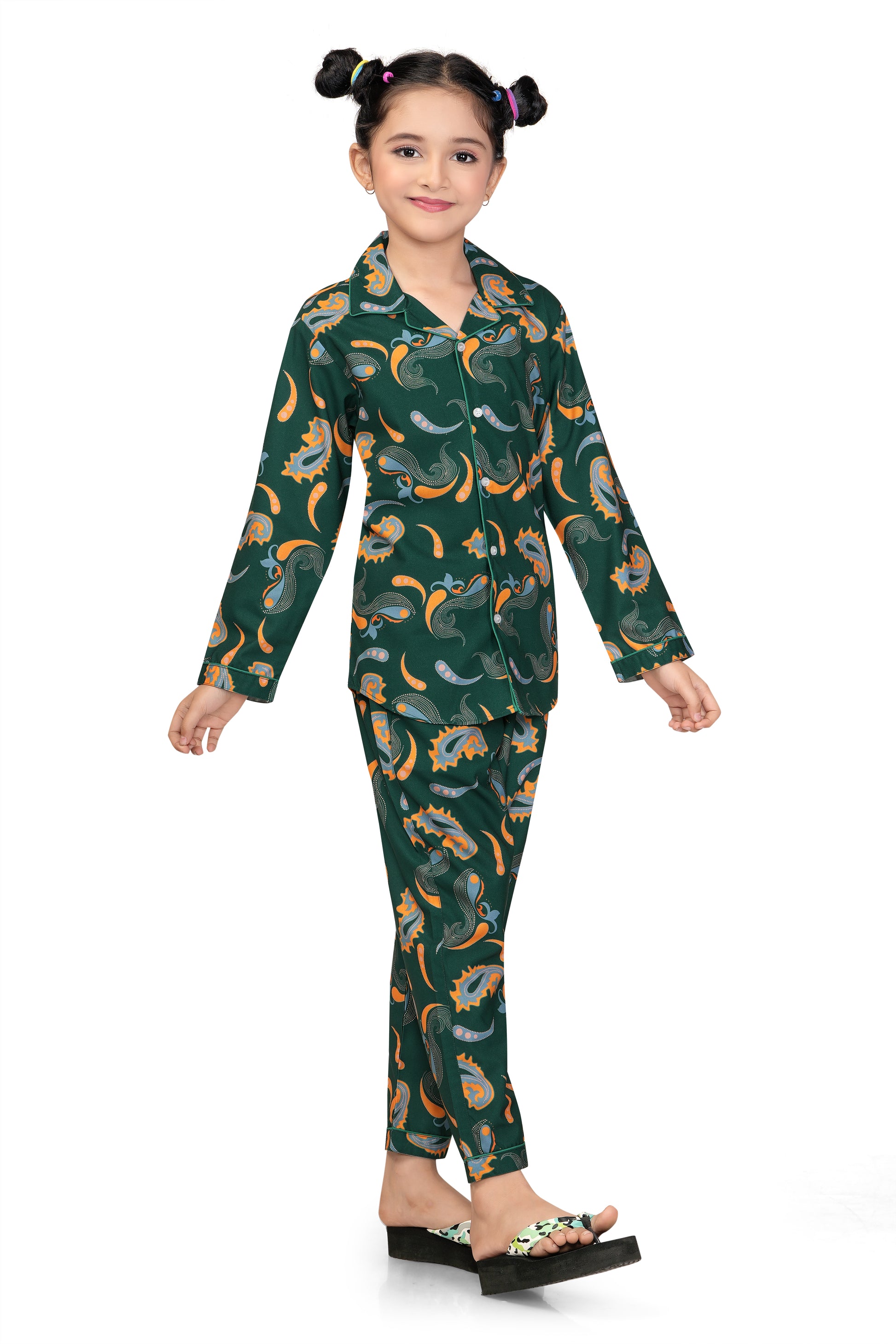 Dark Green Paisley Print Girls Cotton Night Suit - Side View 2 | CLUB96