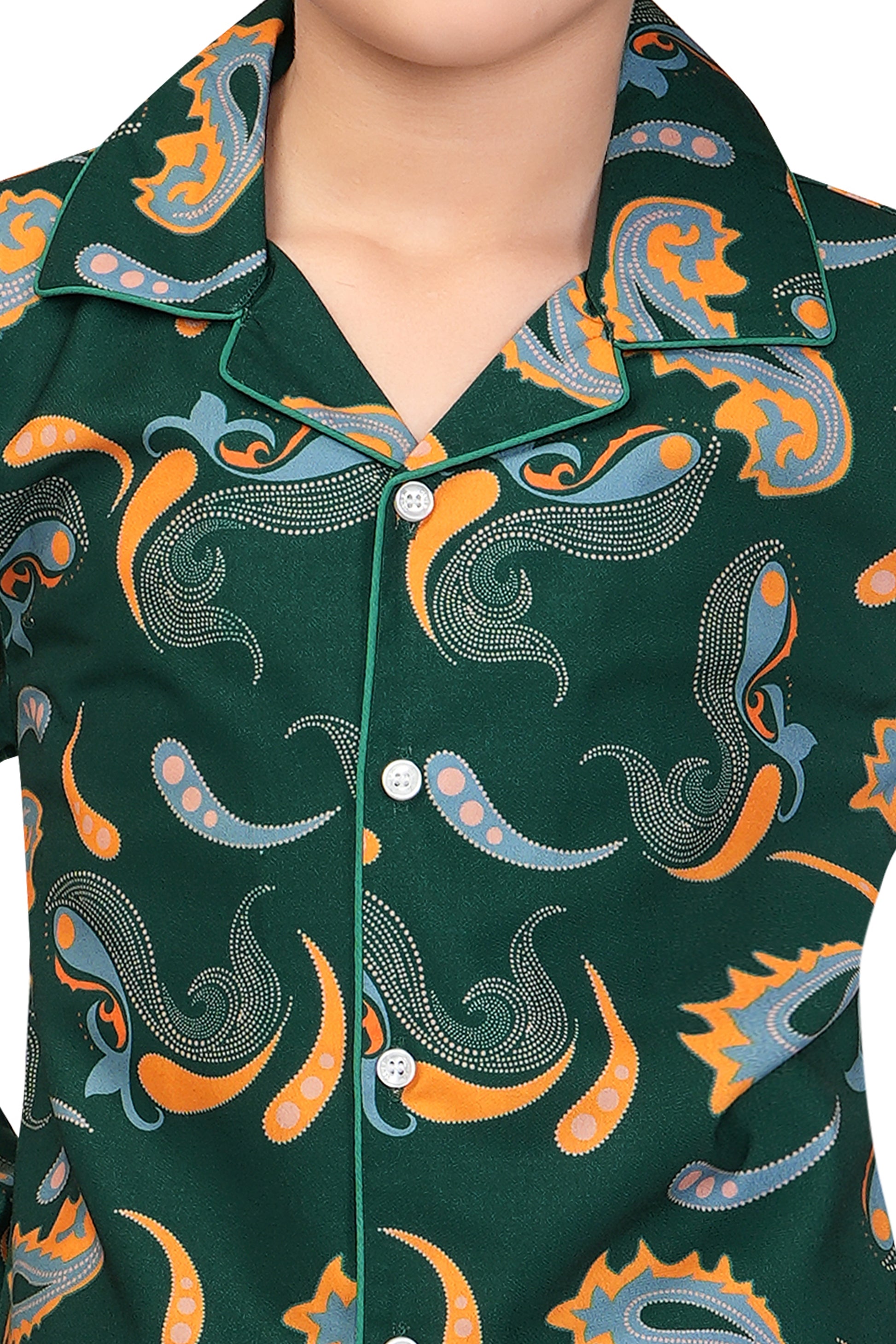 Green-Paisley-Printed-Girl-Nightsuit-Set-Zoomview