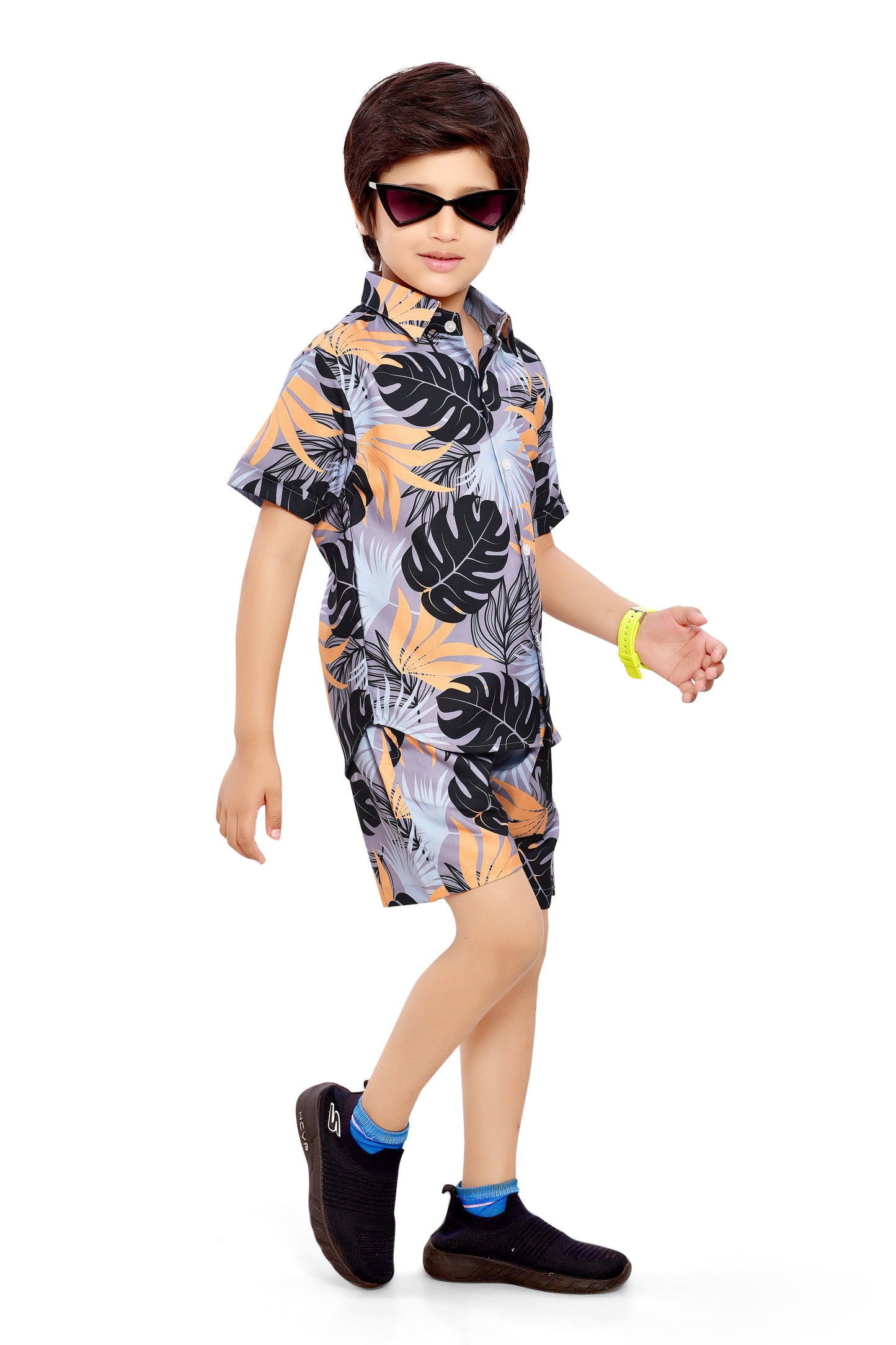 Grey Vacation Tropical Leaf Printed Cotton Co-Ord Set - Front