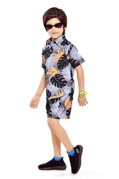 Grey Vacation Tropical Leaf Printed Cotton Co-Ord Set - Stylist