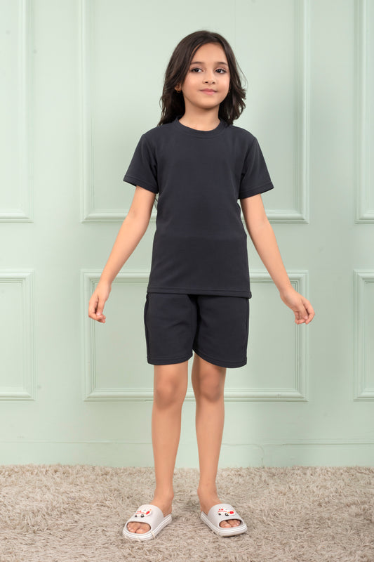 Grey_color_cotton_cute_Girls_night_suit_shorts_set - FrontView