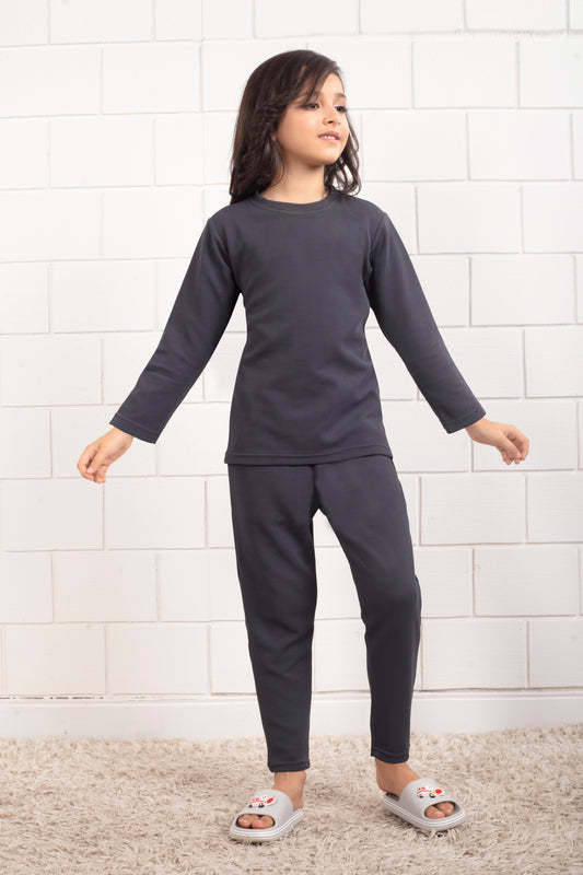 Grey_color_cotton_waffle_cute_pajama_sets_for_Girl- FrontView