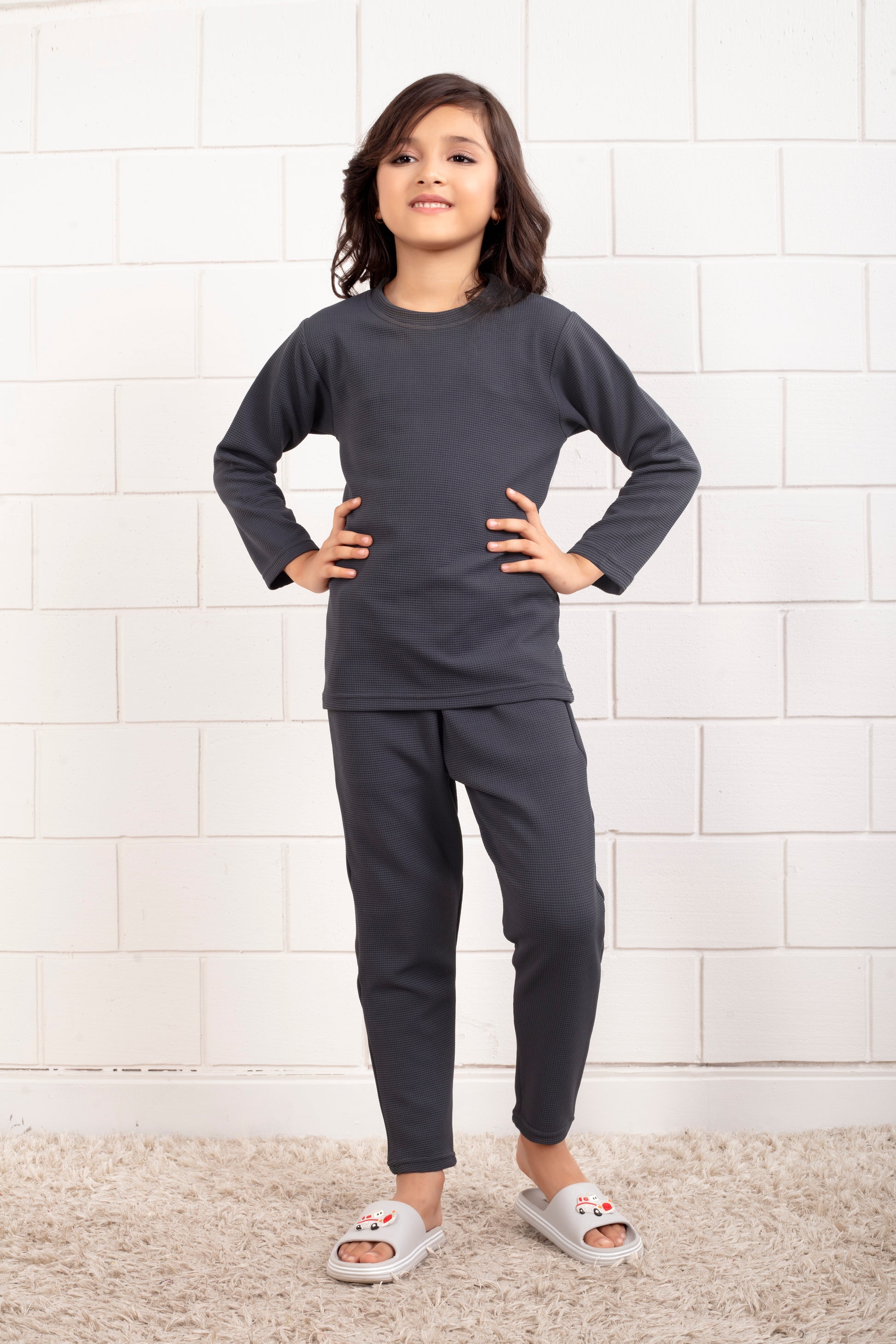 Grey color cotton waffle cute pajama sets for Girl