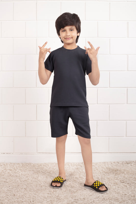 Grey_color_cotton_waffle_cute_shorts_set - FrontView