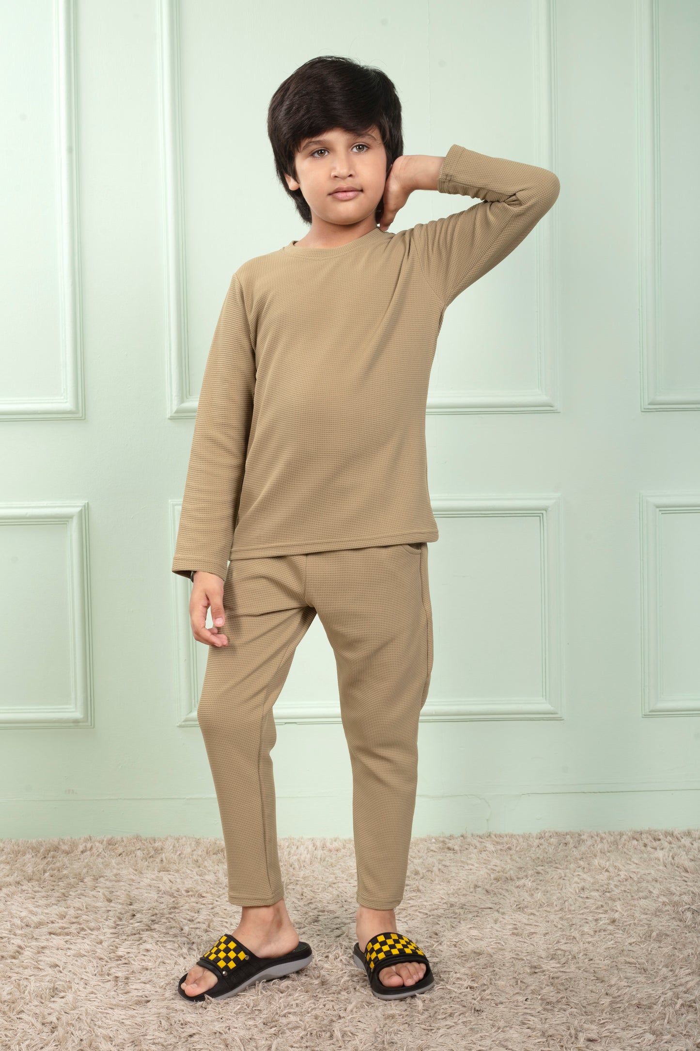 Boy Beige Pure Waffle Cotton Pajama set