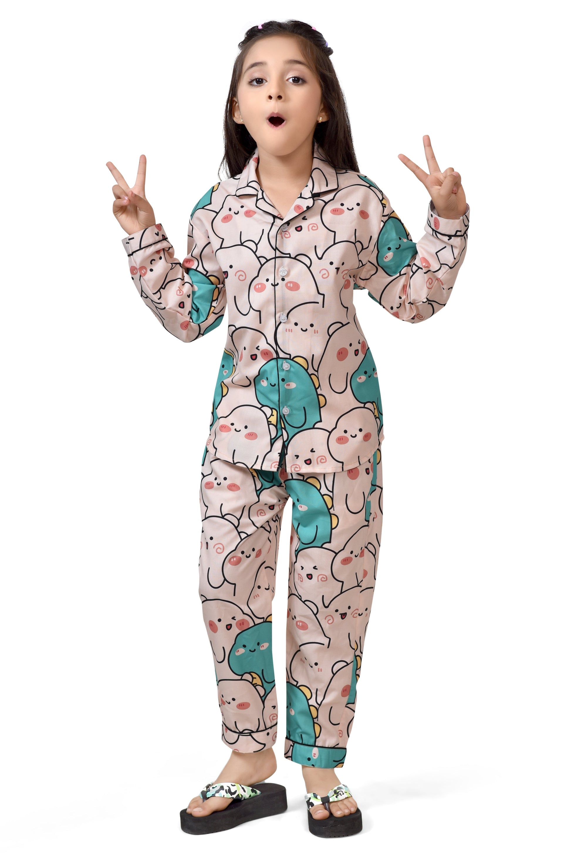 Kawai Style Cartoon Girls Peach Cotton Nightsuit - Long Sleeves