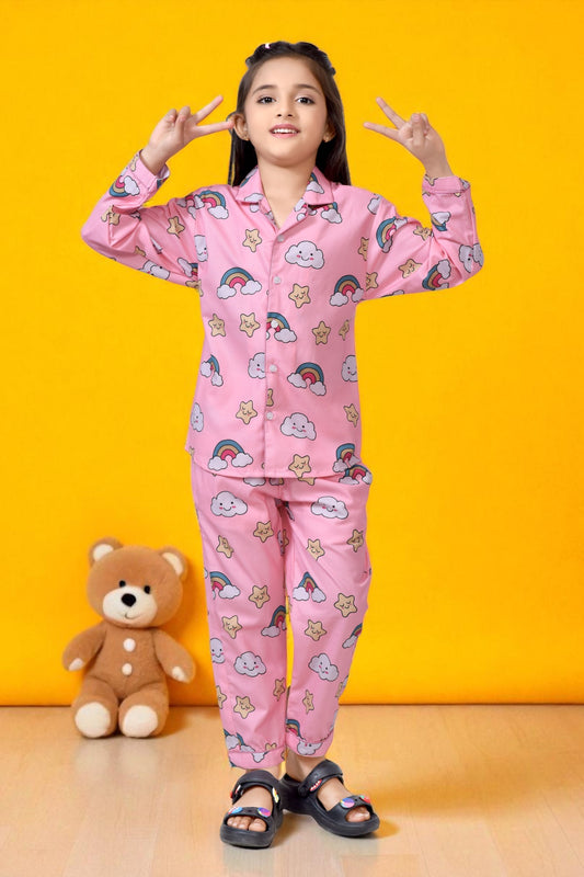 Buy Baby Pink Cotton Rainbow Printed Girls Night Suit Online - FrontView