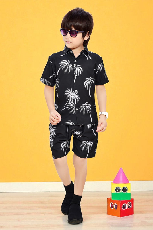 Summer Style Coconut Tree Printed Black Co-Ord Set for Boys