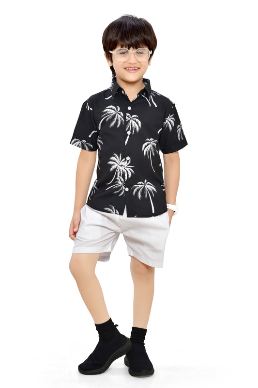 Black Digital Printed Half Sleeve Shirt with White Solid Shorts