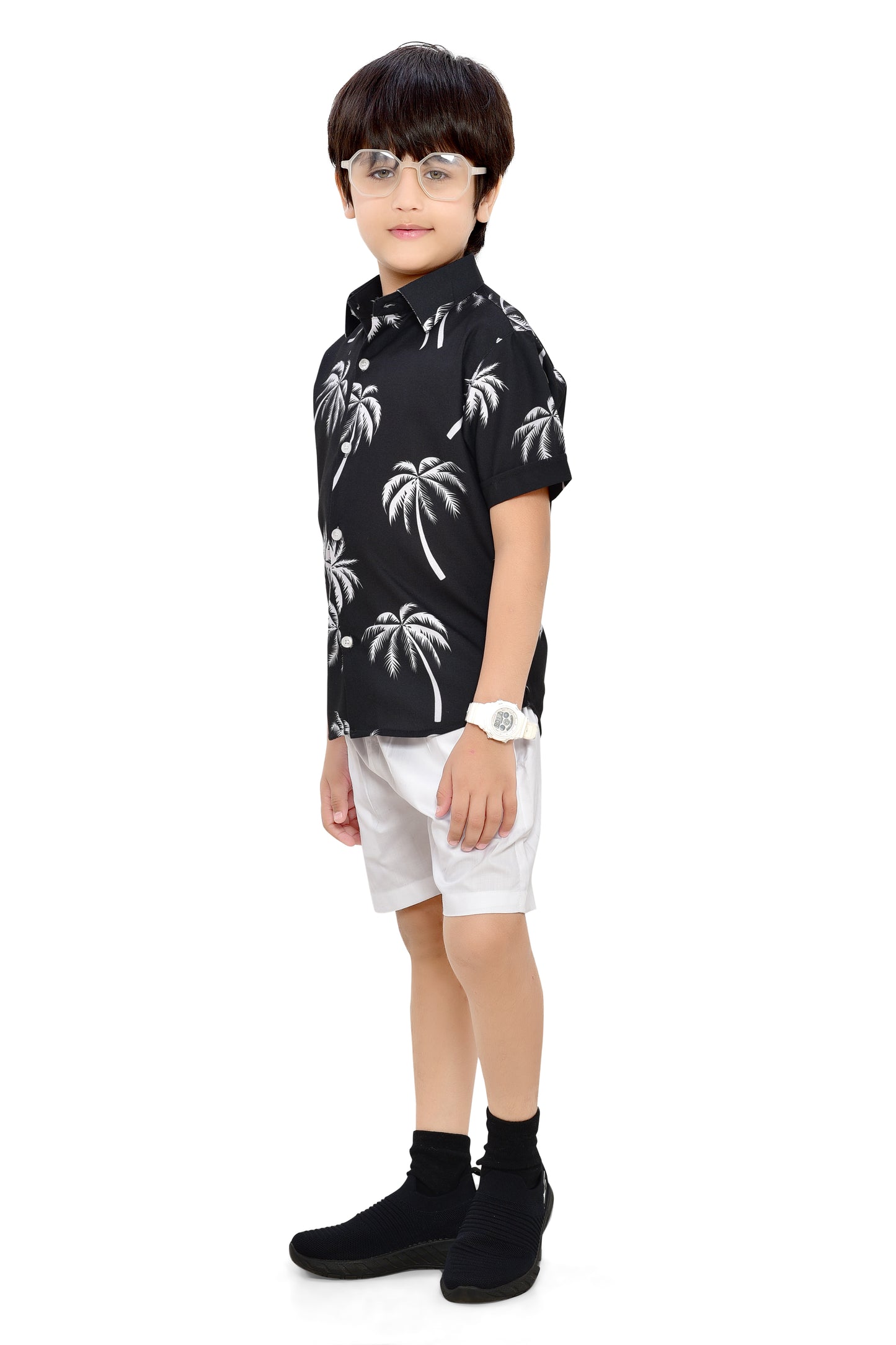 Black Digital Printed Half Sleeve Shirt with White Solid Shorts