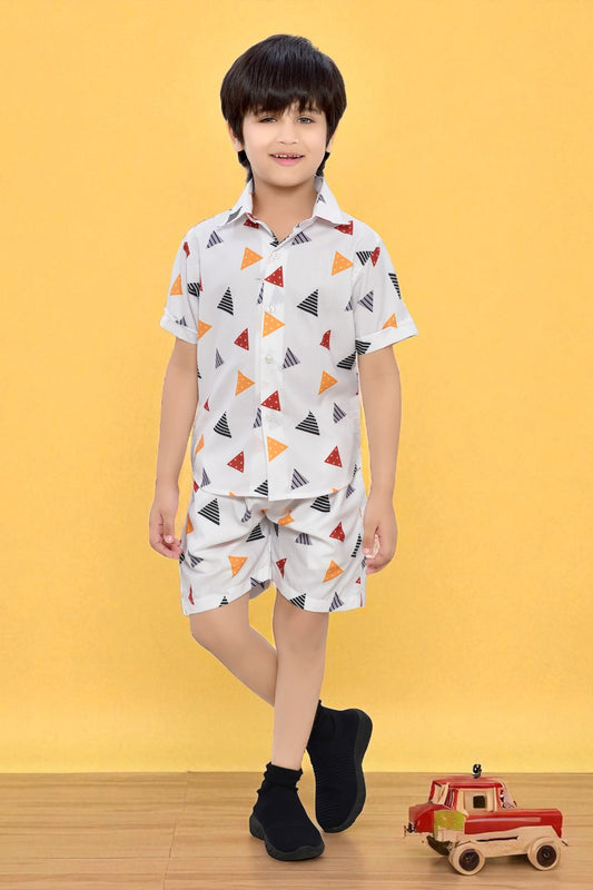 Triangle Pirnted White Summer Co-Ord Set for Boys