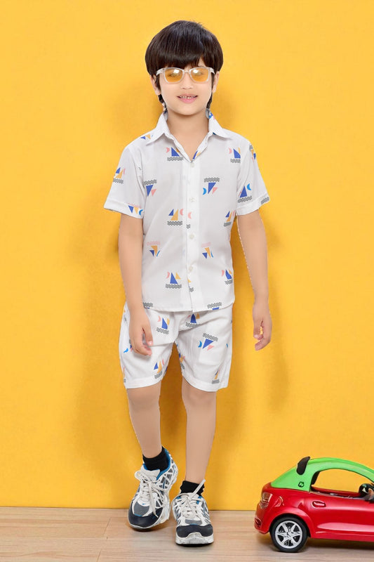 White Beach Weaves Printed Boys Cotton Co-Ord Set