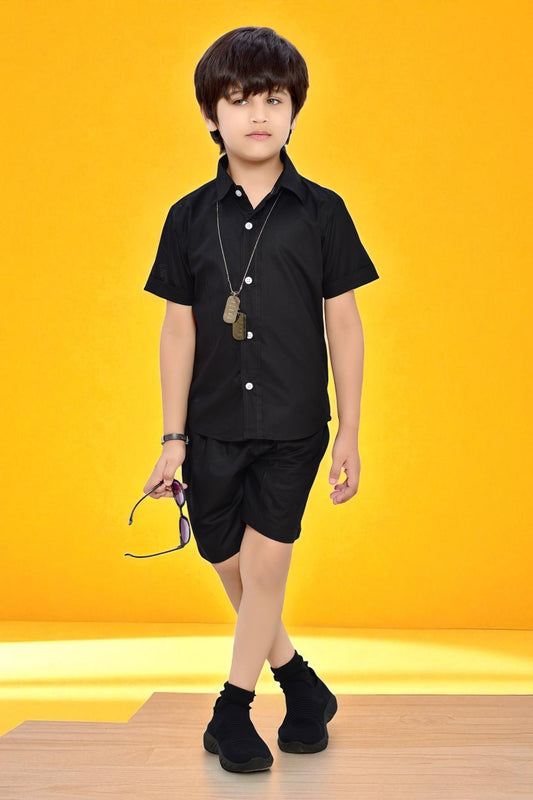 Classic Plain Black Cotton Co-Ord Set for Boys