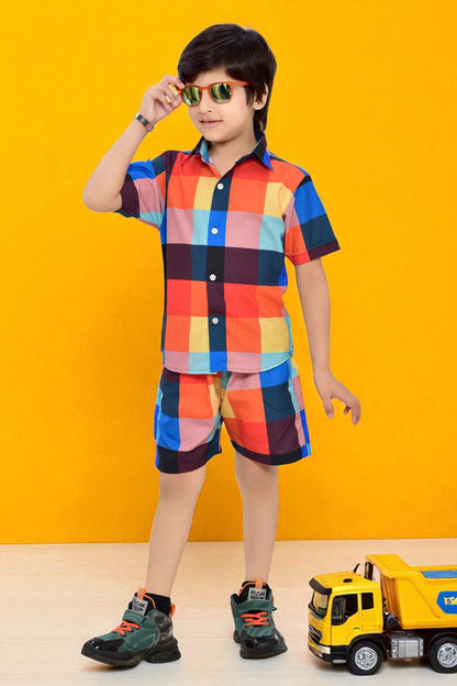 Multicolor Big Checks Printed Boys Cotton Co-Ord Set