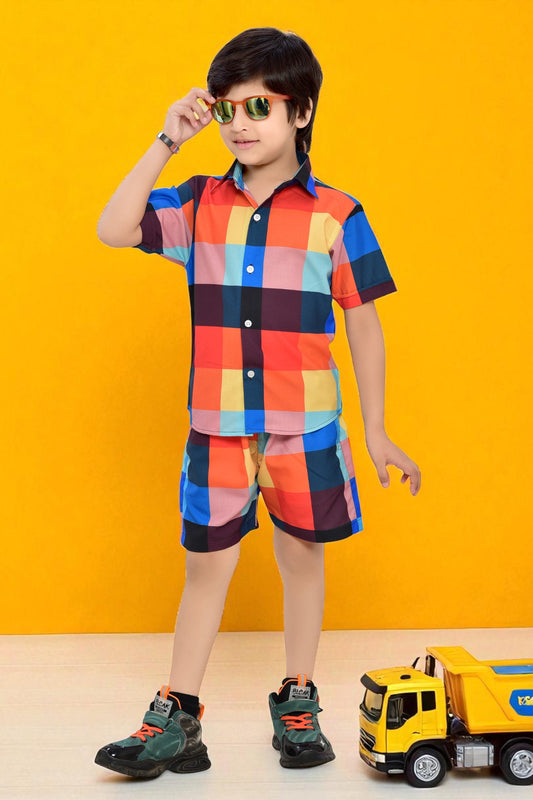 Multicolor Big Checks Printed Boys Cotton Co-Ord Set
