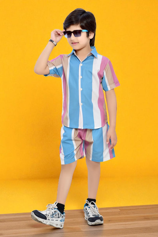 Stylish Pastel Striped Printed Cotton Co-Ord Set for Boys