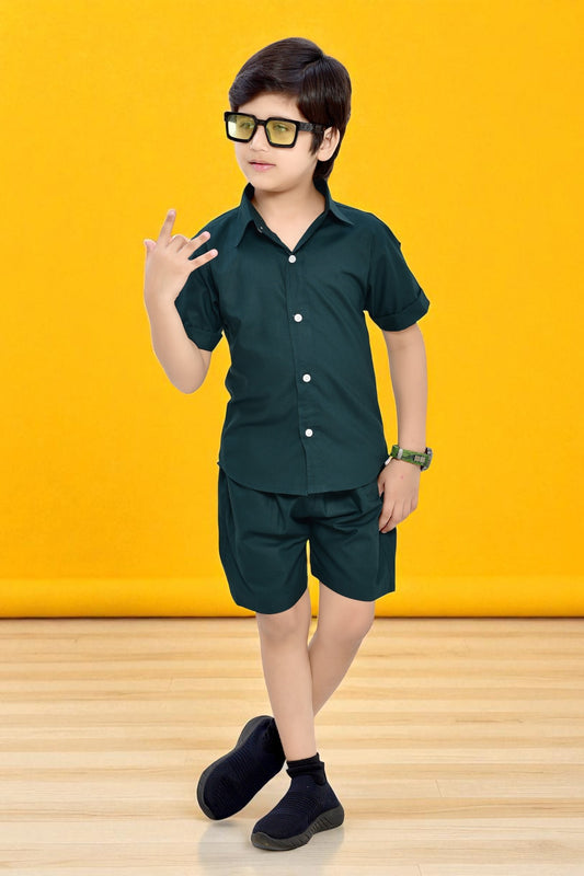 Plain Green Summer Cotton Co-Ord Set for Boys