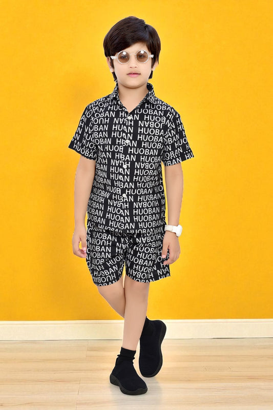Stylish Black Text Printed Cotton Boys Co-Ord Set