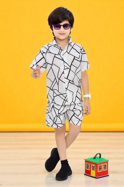 White Unique Checks Printed Cotton Boys Co-Ord Set