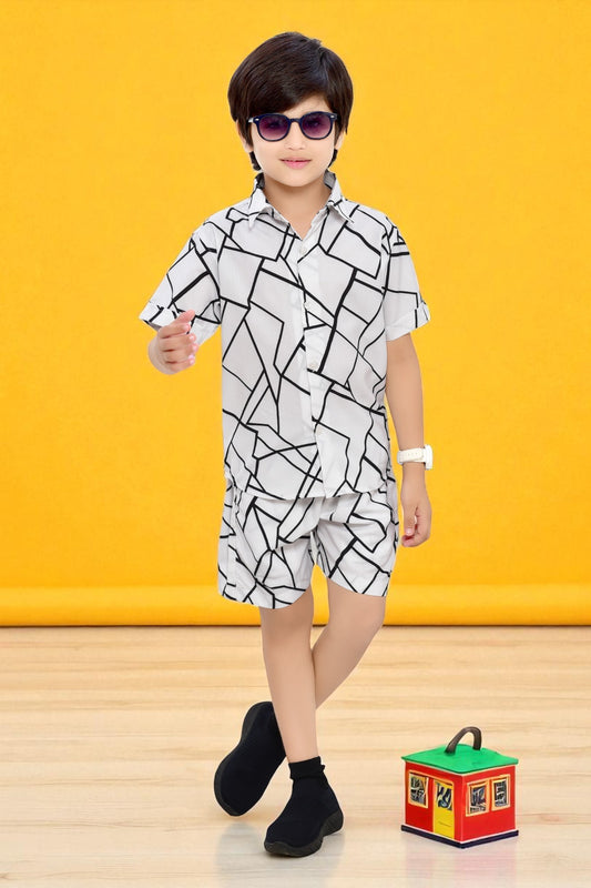 White Unique Checks Printed Cotton Boys Co-Ord Set