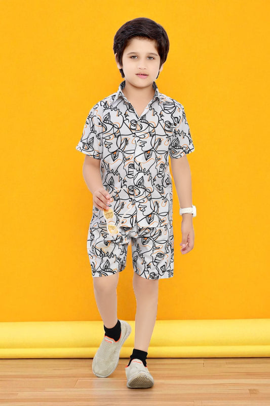 White Abstract Figure Printed Boys Cotton Co-Ord Set