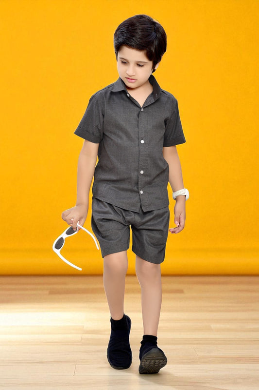 Plain Grey Summer Ready Cotton Co-Ord Set for Boys